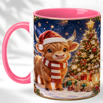#pl[11oz|Pink] Cute Christmas Highland Cow Coffee Mug, Holiday Cow Mug, Ceramic Cup