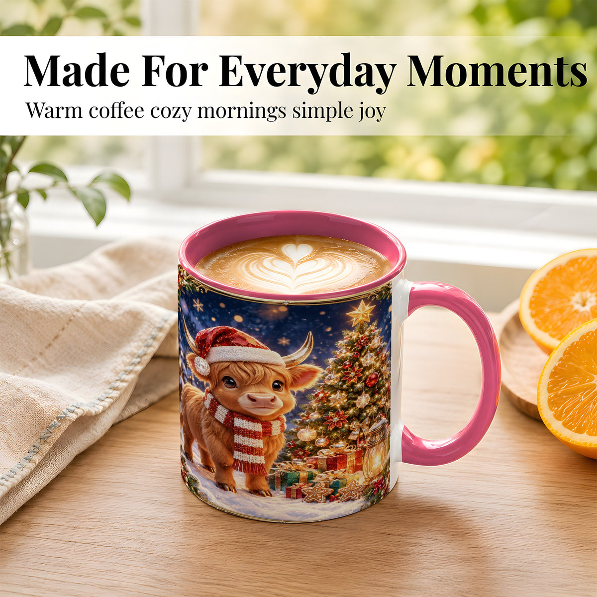#pl[11oz|Pink] Cute Christmas Highland Cow Coffee Mug, Holiday Cow Mug, Ceramic Cup