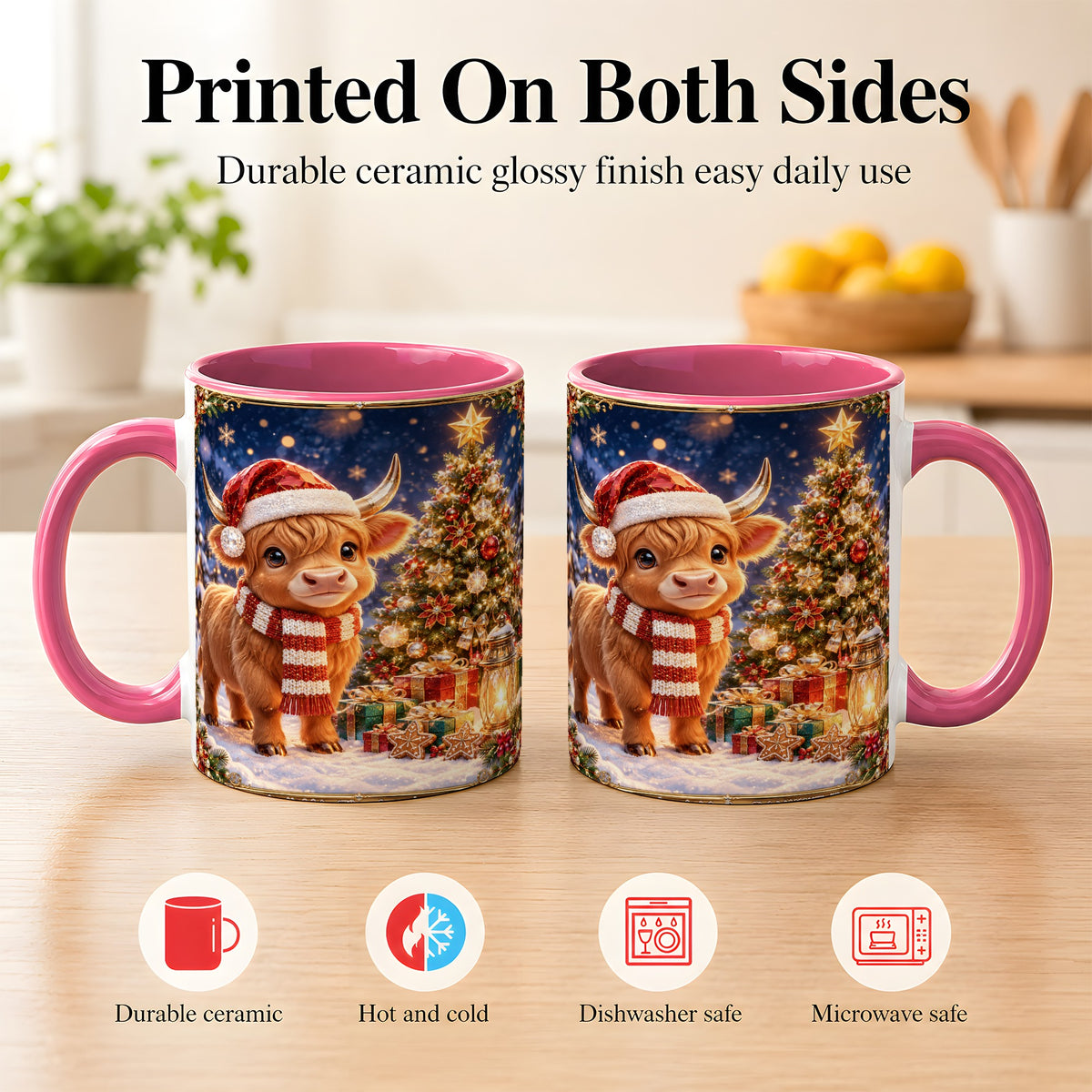 #pl[11oz|Pink] Cute Christmas Highland Cow Coffee Mug, Holiday Cow Mug, Ceramic Cup