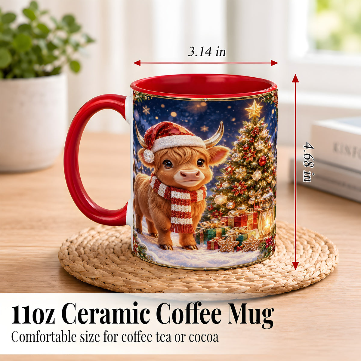 #pl[11oz|Red] Cute Christmas Highland Cow Coffee Mug, Holiday Cow Mug, Ceramic Cup