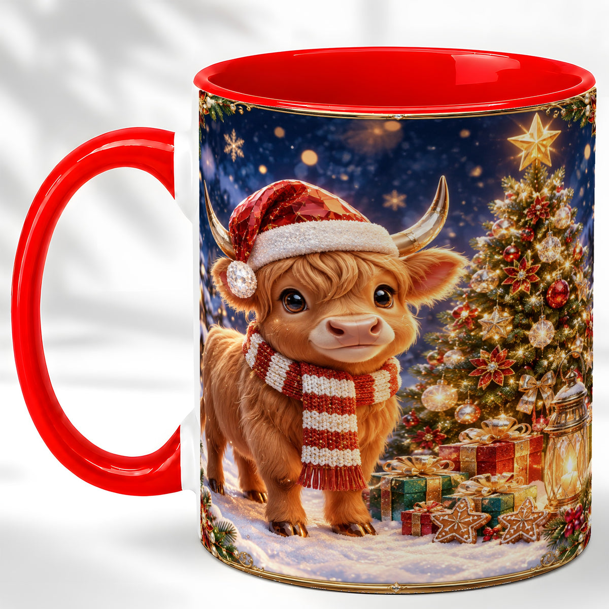 #pl[11oz|Red] Cute Christmas Highland Cow Coffee Mug, Holiday Cow Mug, Ceramic Cup