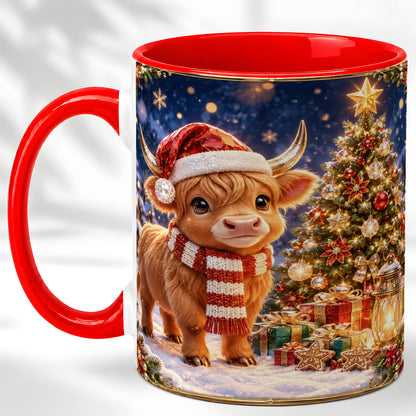 #pl[11oz|Red] Cute Christmas Highland Cow Coffee Mug, Holiday Cow Mug, Ceramic Cup