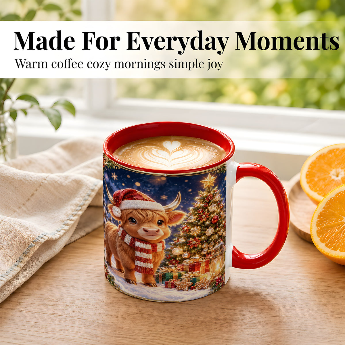#pl[11oz|Red] Cute Christmas Highland Cow Coffee Mug, Holiday Cow Mug, Ceramic Cup