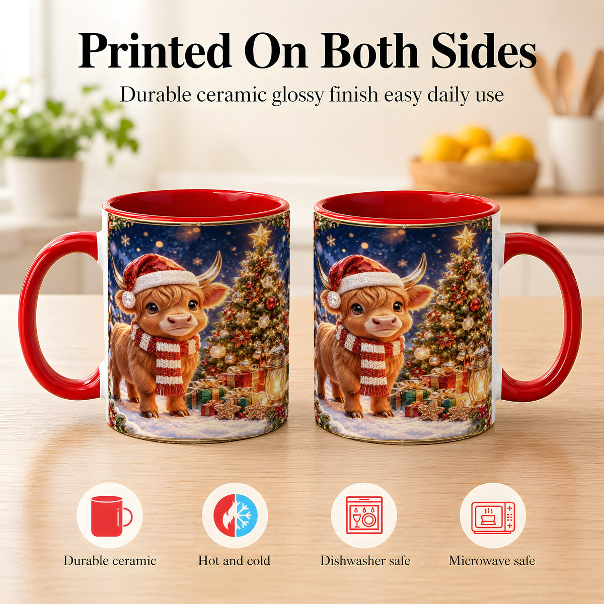 #pl[11oz|Red] Cute Christmas Highland Cow Coffee Mug, Holiday Cow Mug, Ceramic Cup