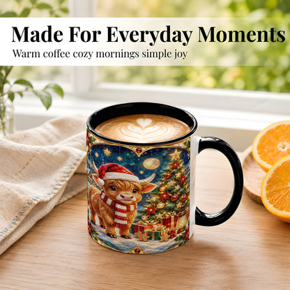 #pl[11oz|Black] Stained Glass Christmas Cow Coffee Mug, Holiday Cow Mug, Ceramic Cup