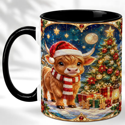 #pl[11oz|Black] Stained Glass Christmas Cow Coffee Mug, Holiday Cow Mug, Ceramic Cup