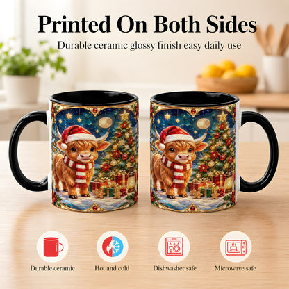 #pl[11oz|Black] Stained Glass Christmas Cow Coffee Mug, Holiday Cow Mug, Ceramic Cup
