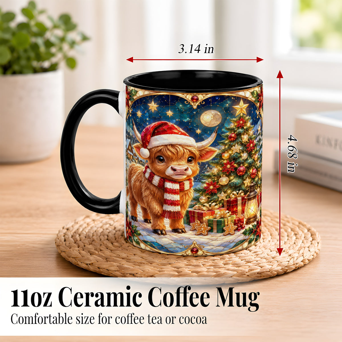 #pl[11oz|Black] Stained Glass Christmas Cow Coffee Mug, Holiday Cow Mug, Ceramic Cup
