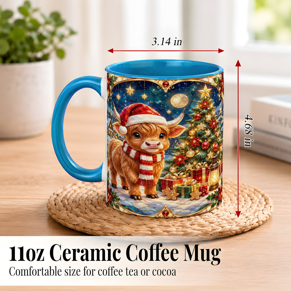 #pl[11oz|Blue] Stained Glass Christmas Cow Coffee Mug, Holiday Cow Mug, Ceramic Cup