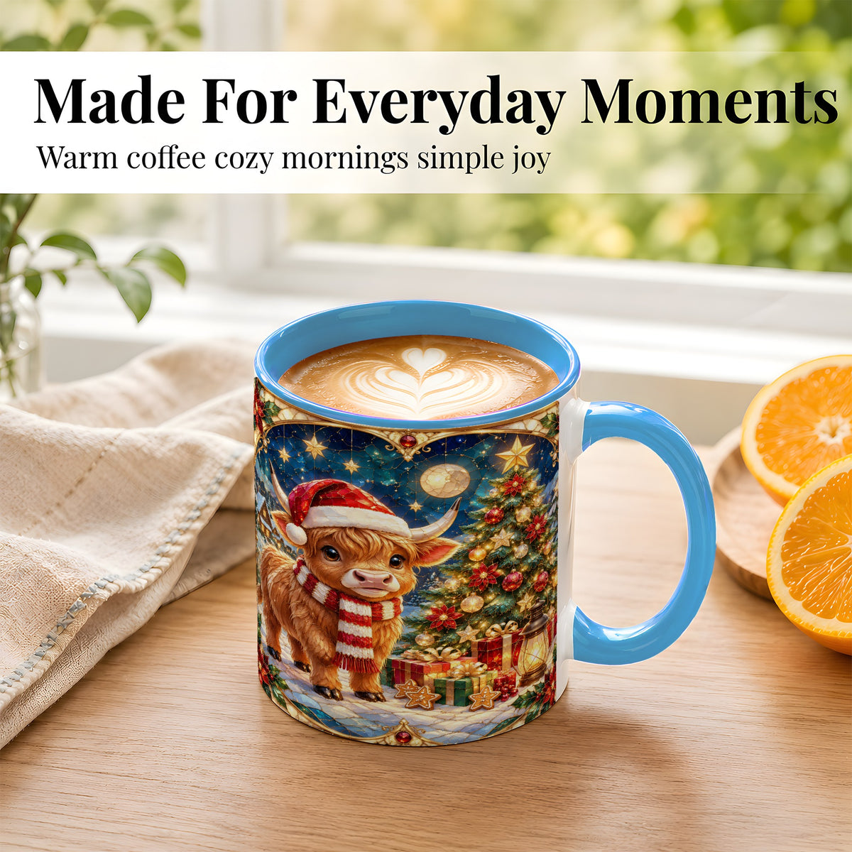 #pl[11oz|Blue] Stained Glass Christmas Cow Coffee Mug, Holiday Cow Mug, Ceramic Cup