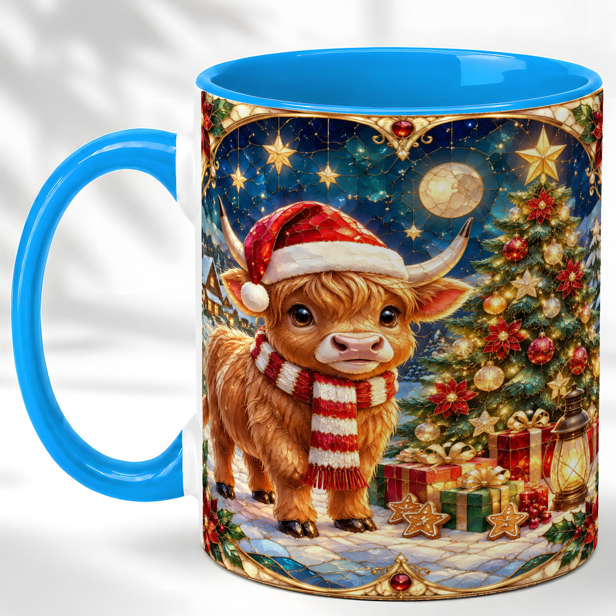 #pl[11oz|Blue] Stained Glass Christmas Cow Coffee Mug, Holiday Cow Mug, Ceramic Cup