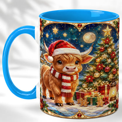 #pl[11oz|Blue] Stained Glass Christmas Cow Coffee Mug, Holiday Cow Mug, Ceramic Cup