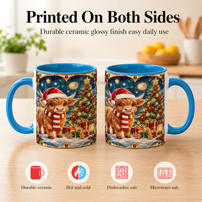 #pl[11oz|Blue] Stained Glass Christmas Cow Coffee Mug, Holiday Cow Mug, Ceramic Cup