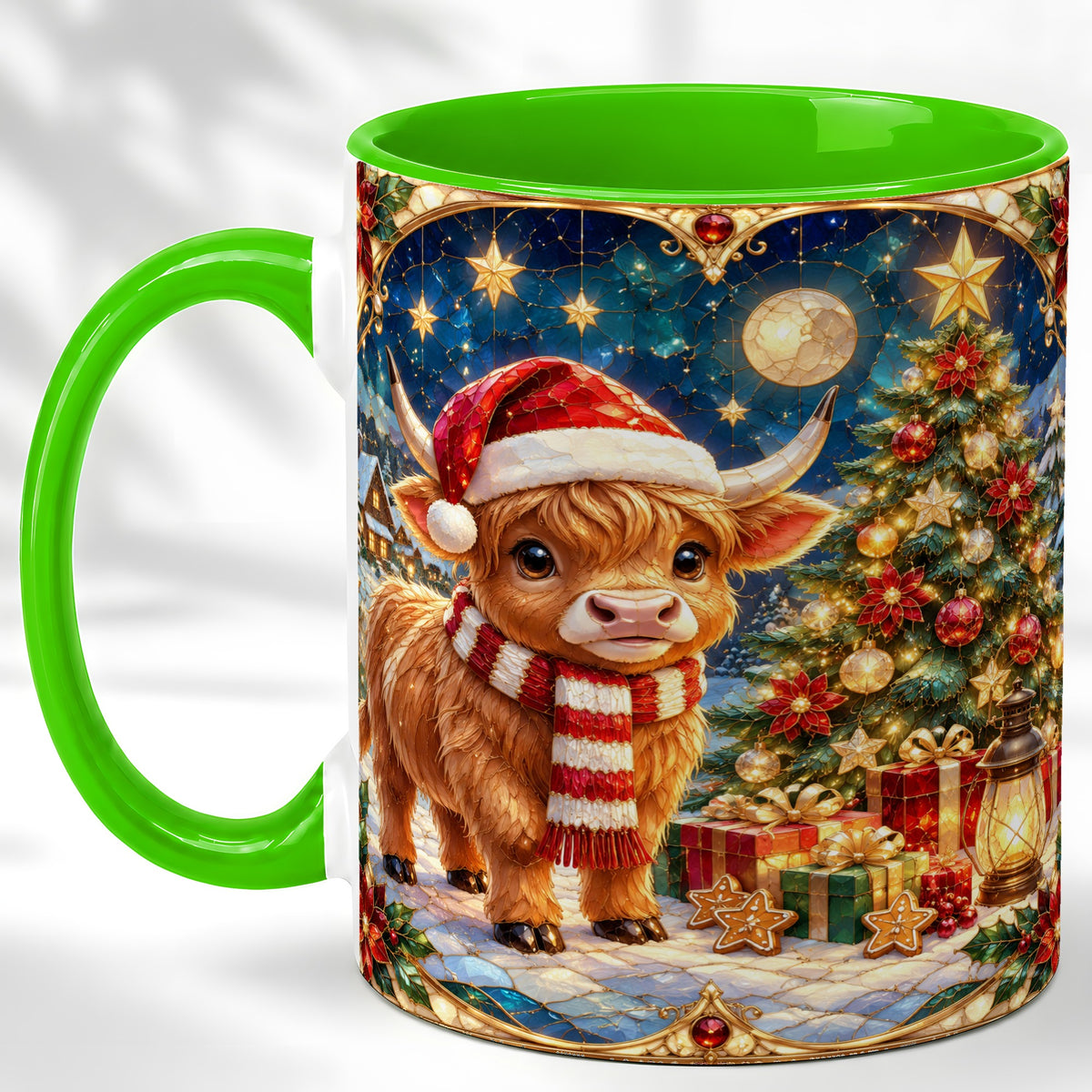 #pl[11oz|Green] Stained Glass Christmas Cow Coffee Mug, Holiday Cow Mug, Ceramic Cup