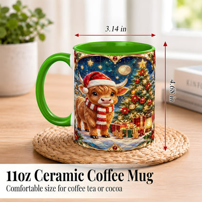 #pl[11oz|Green] Stained Glass Christmas Cow Coffee Mug, Holiday Cow Mug, Ceramic Cup
