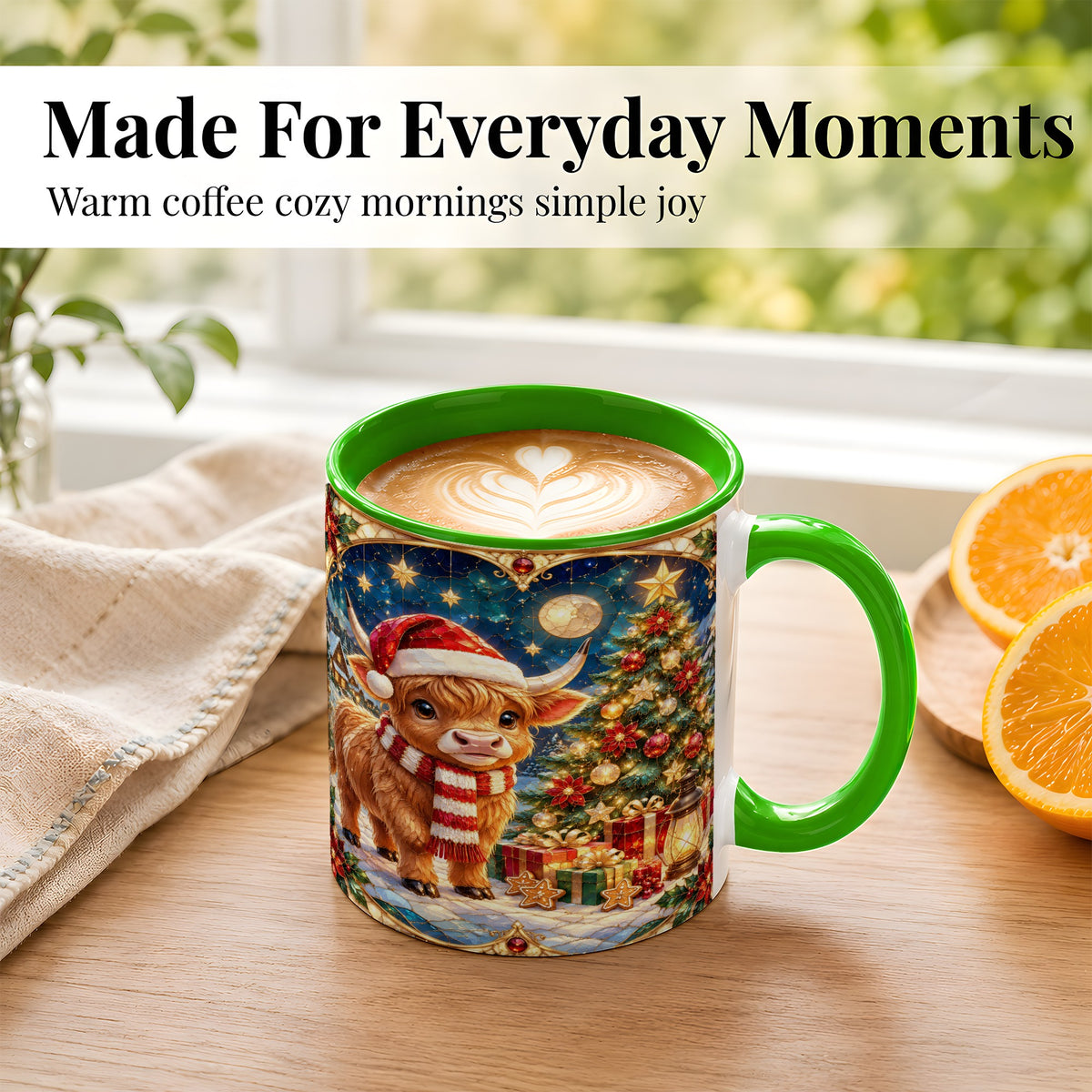 #pl[11oz|Green] Stained Glass Christmas Cow Coffee Mug, Holiday Cow Mug, Ceramic Cup