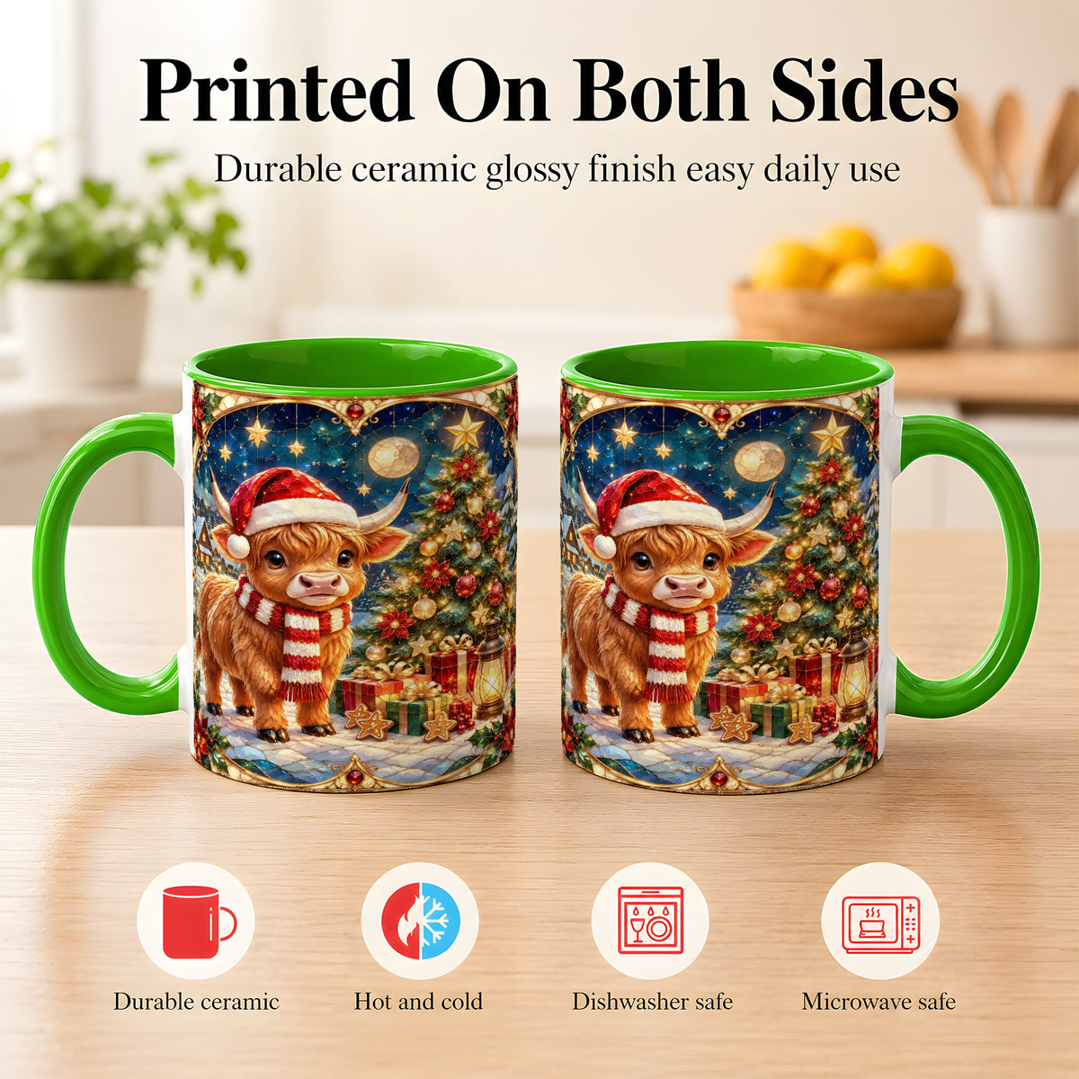 #pl[11oz|Green] Stained Glass Christmas Cow Coffee Mug, Holiday Cow Mug, Ceramic Cup