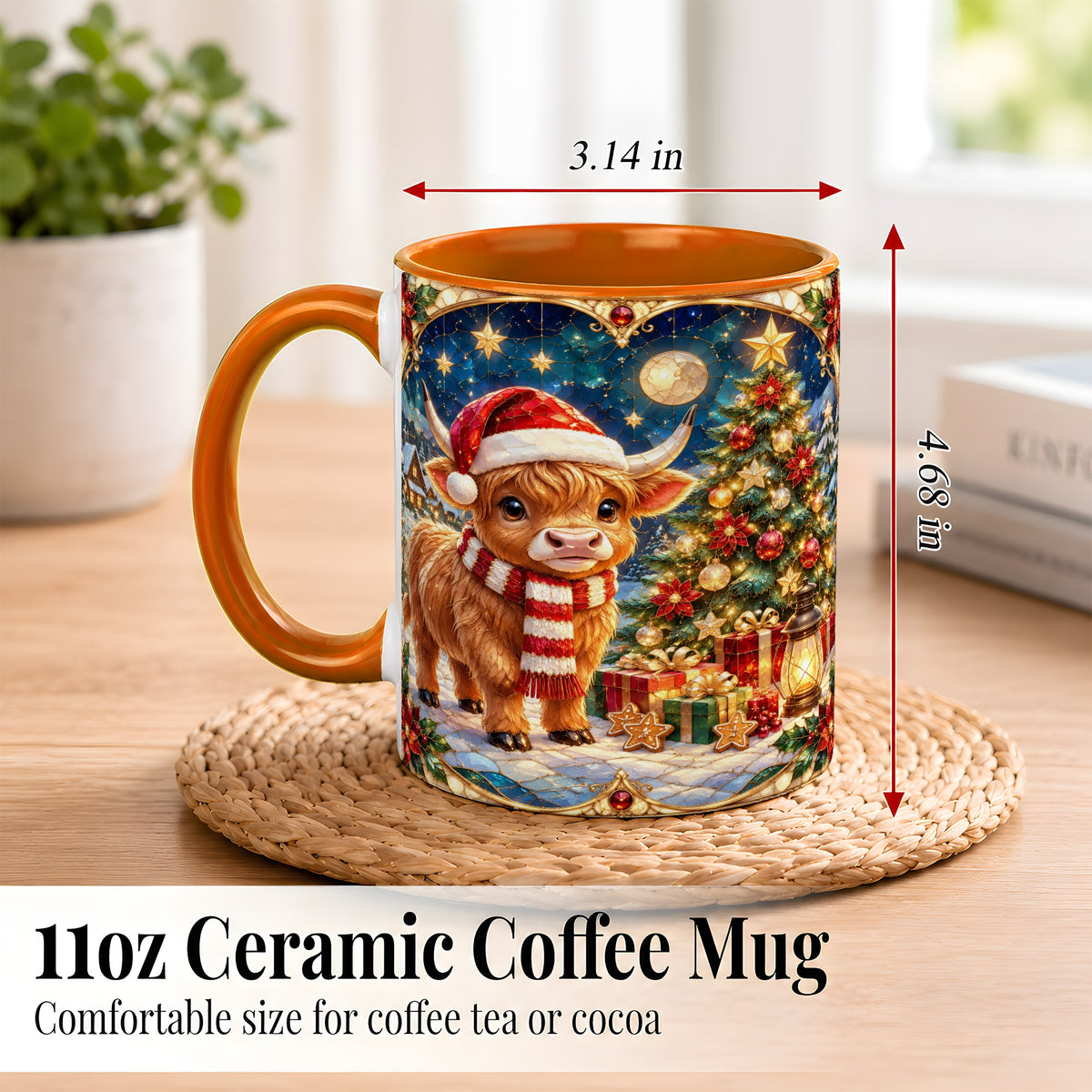 #pl[11oz|Orange] Stained Glass Christmas Cow Coffee Mug, Holiday Cow Mug, Ceramic Cup