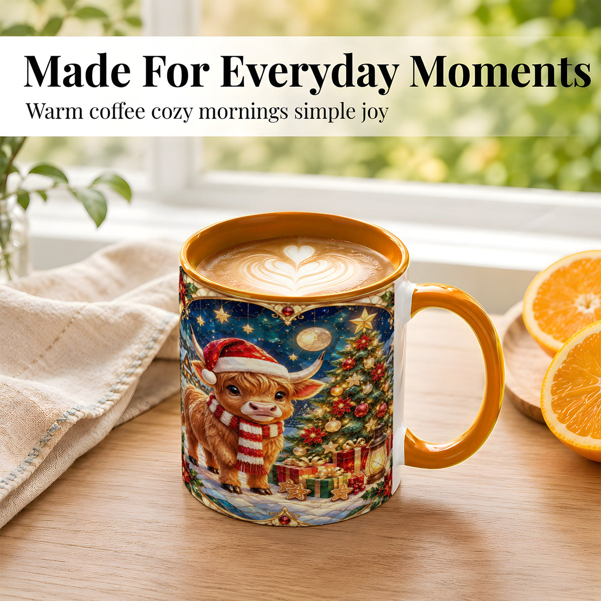 #pl[11oz|Orange] Stained Glass Christmas Cow Coffee Mug, Holiday Cow Mug, Ceramic Cup