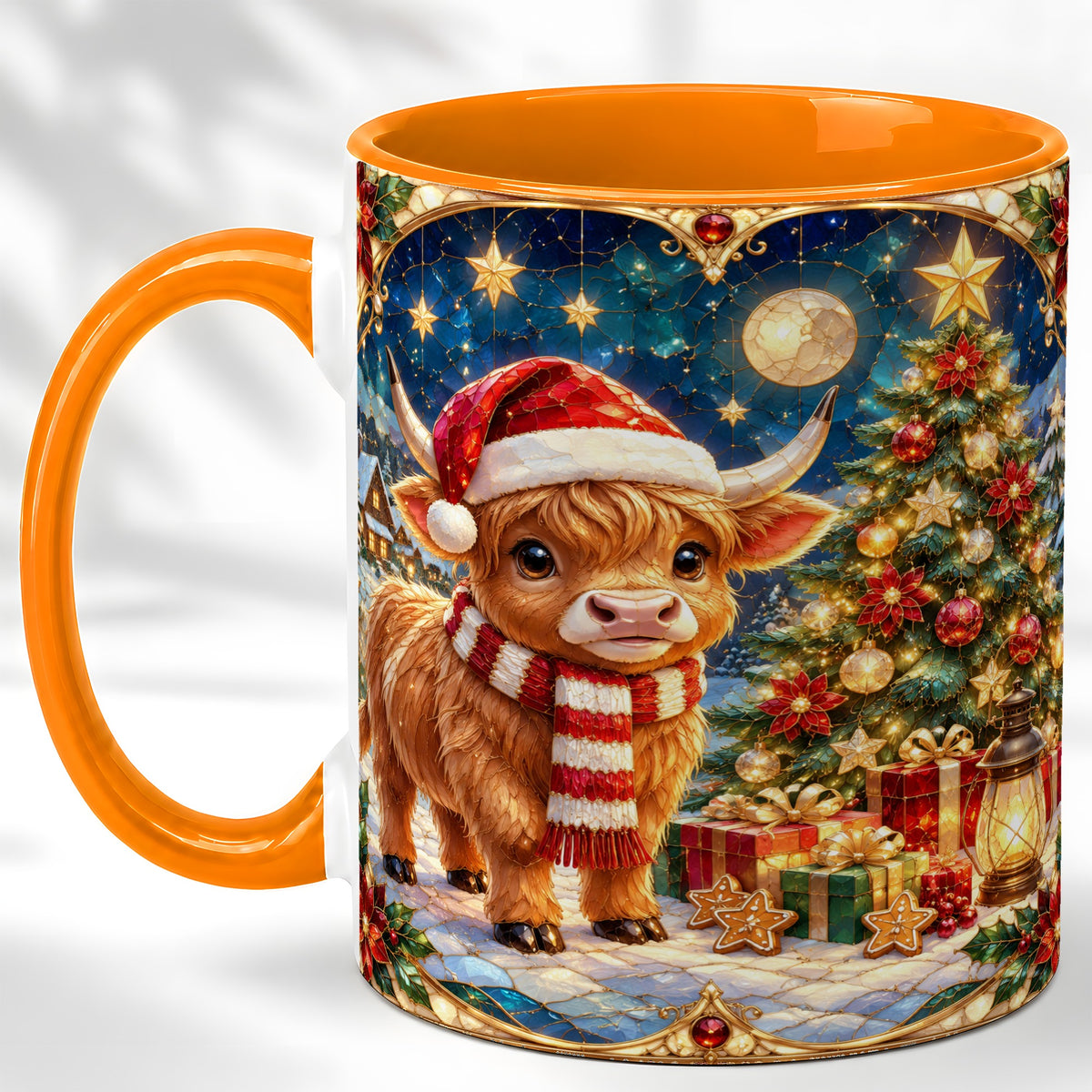 #pl[11oz|Orange] Stained Glass Christmas Cow Coffee Mug, Holiday Cow Mug, Ceramic Cup