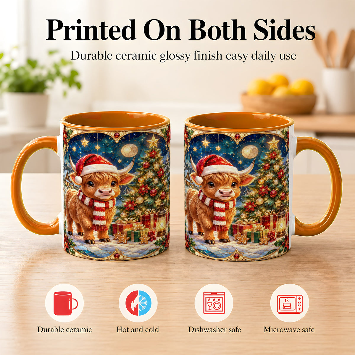 #pl[11oz|Orange] Stained Glass Christmas Cow Coffee Mug, Holiday Cow Mug, Ceramic Cup