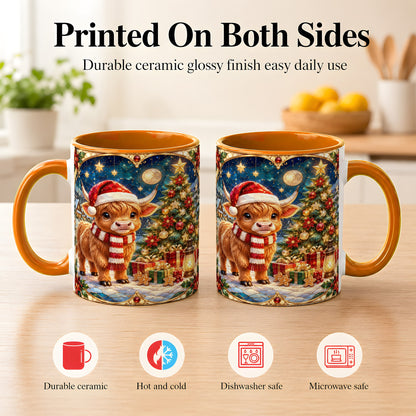 #pl[11oz|Orange] Stained Glass Christmas Cow Coffee Mug, Holiday Cow Mug, Ceramic Cup