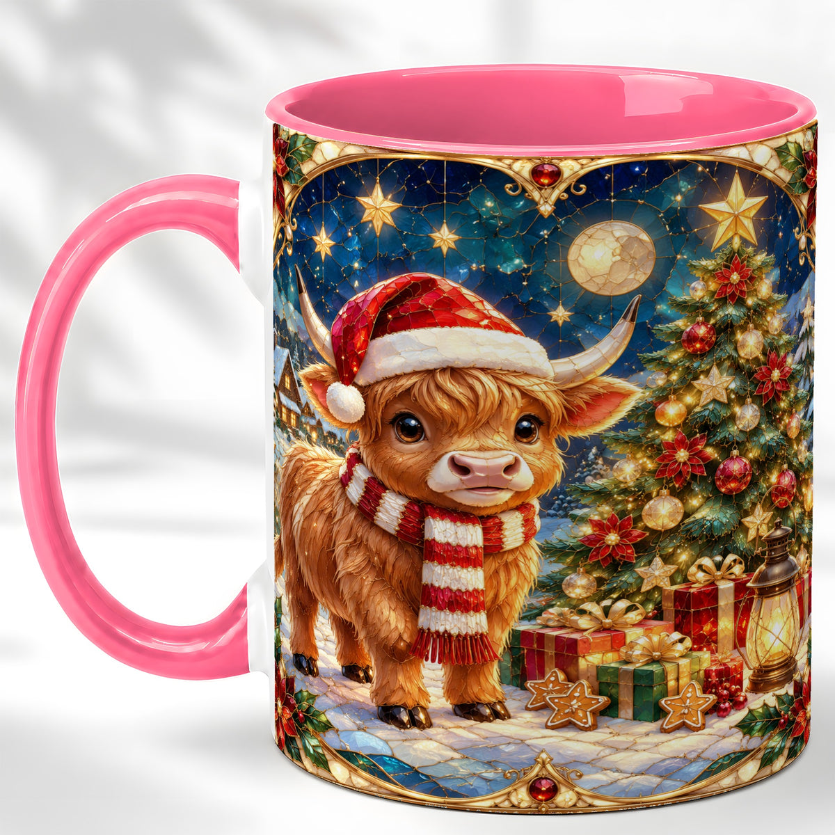 #pl[11oz|Pink] Stained Glass Christmas Cow Coffee Mug, Holiday Cow Mug, Ceramic Cup
