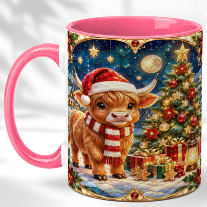 #pl[11oz|Pink] Stained Glass Christmas Cow Coffee Mug, Holiday Cow Mug, Ceramic Cup