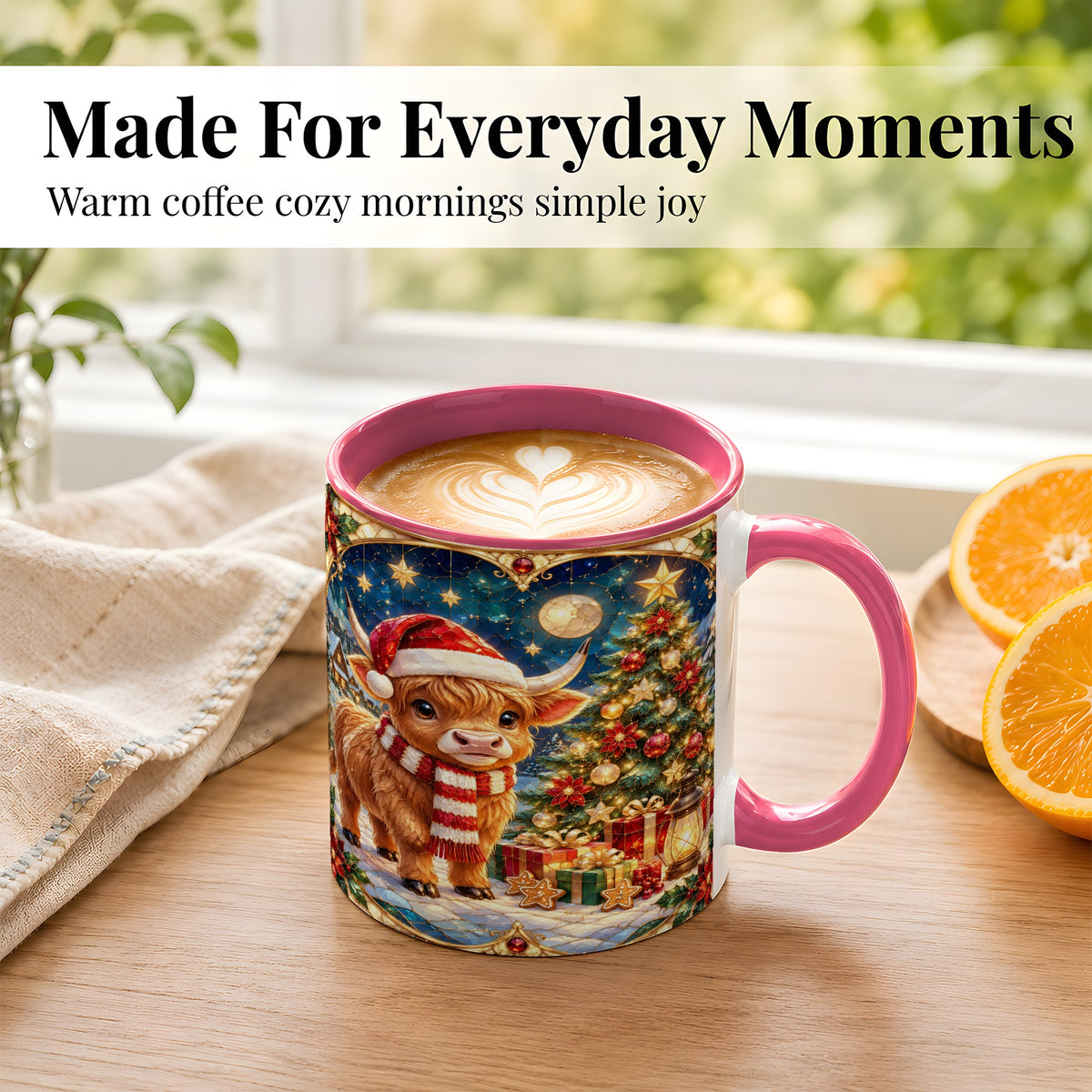 #pl[11oz|Pink] Stained Glass Christmas Cow Coffee Mug, Holiday Cow Mug, Ceramic Cup