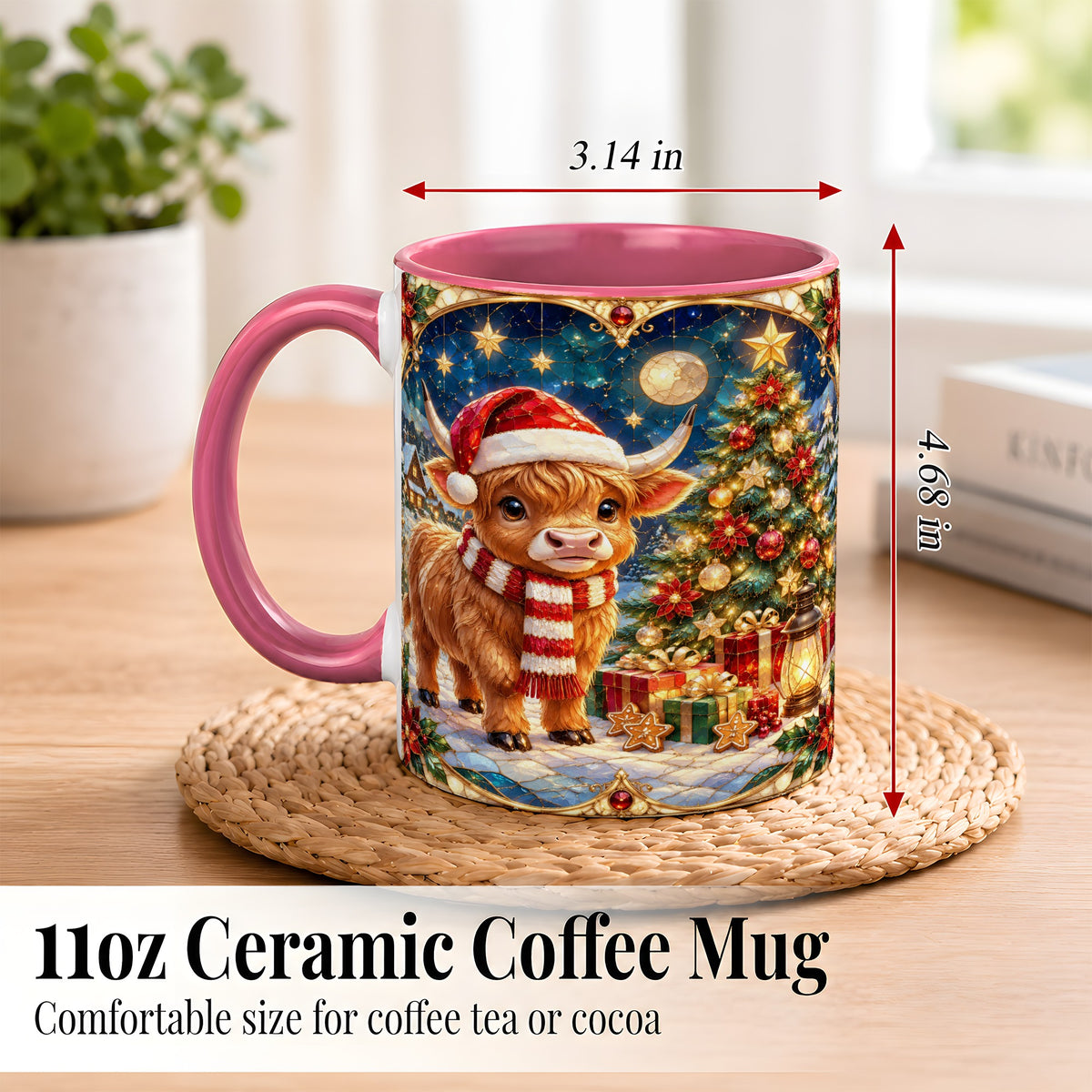 #pl[11oz|Pink] Stained Glass Christmas Cow Coffee Mug, Holiday Cow Mug, Ceramic Cup