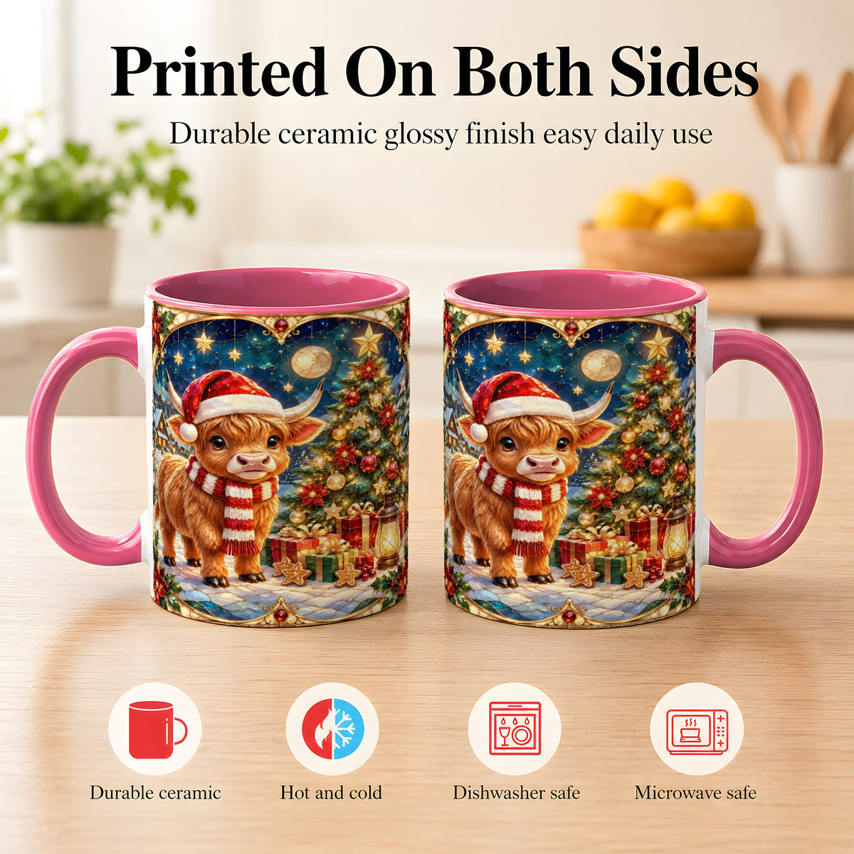 #pl[11oz|Pink] Stained Glass Christmas Cow Coffee Mug, Holiday Cow Mug, Ceramic Cup