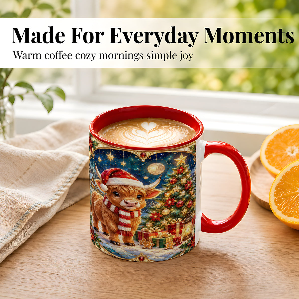 #pl[11oz|Red] Stained Glass Christmas Cow Coffee Mug, Holiday Cow Mug, Ceramic Cup