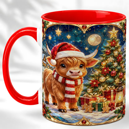 #pl[11oz|Red] Stained Glass Christmas Cow Coffee Mug, Holiday Cow Mug, Ceramic Cup