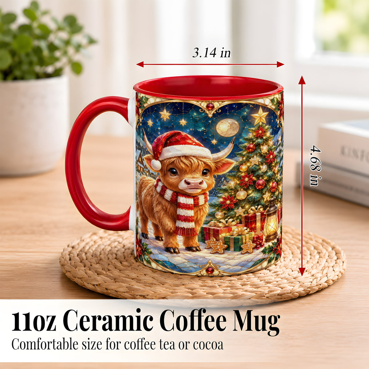 #pl[11oz|Red] Stained Glass Christmas Cow Coffee Mug, Holiday Cow Mug, Ceramic Cup