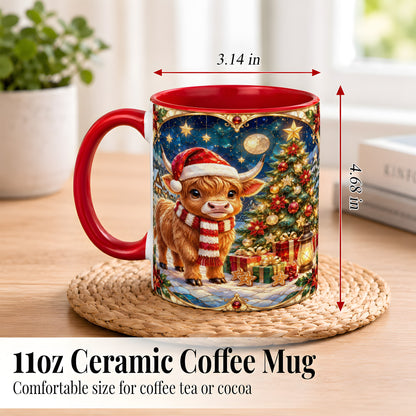 #pl[11oz|Red] Stained Glass Christmas Cow Coffee Mug, Holiday Cow Mug, Ceramic Cup