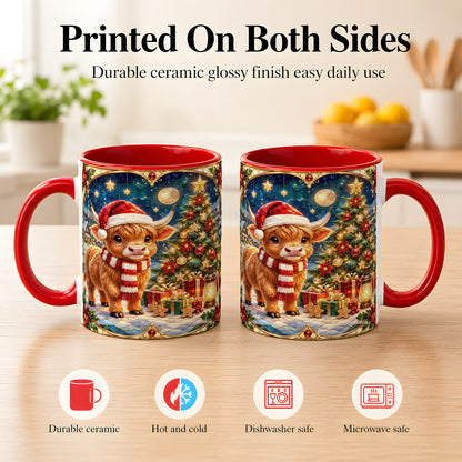 #pl[11oz|Red] Stained Glass Christmas Cow Coffee Mug, Holiday Cow Mug, Ceramic Cup