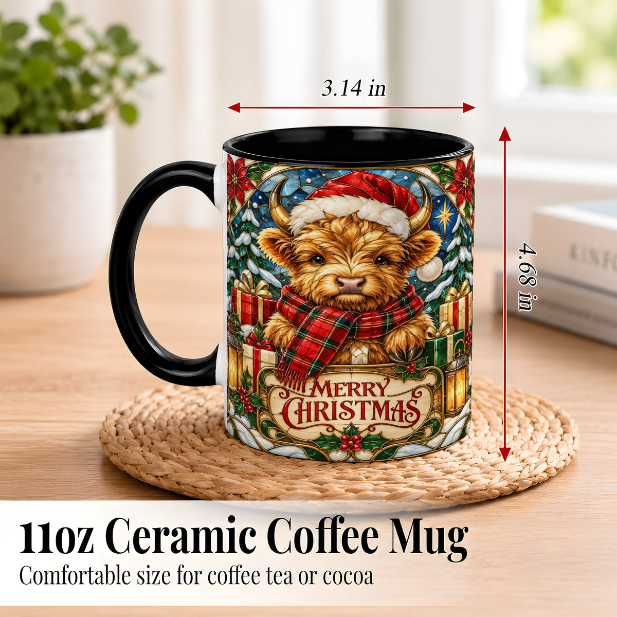 #pl[11oz|Black] Merry Christmas Highland Cow Coffee Mug, Holiday Cow Mug, Ceramic Cup