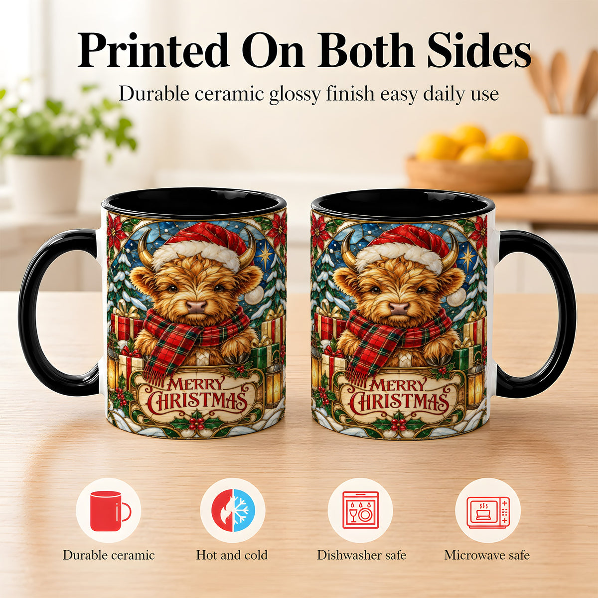 #pl[11oz|Black] Merry Christmas Highland Cow Coffee Mug, Holiday Cow Mug, Ceramic Cup