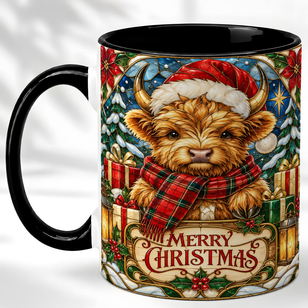 #pl[11oz|Black] Merry Christmas Highland Cow Coffee Mug, Holiday Cow Mug, Ceramic Cup