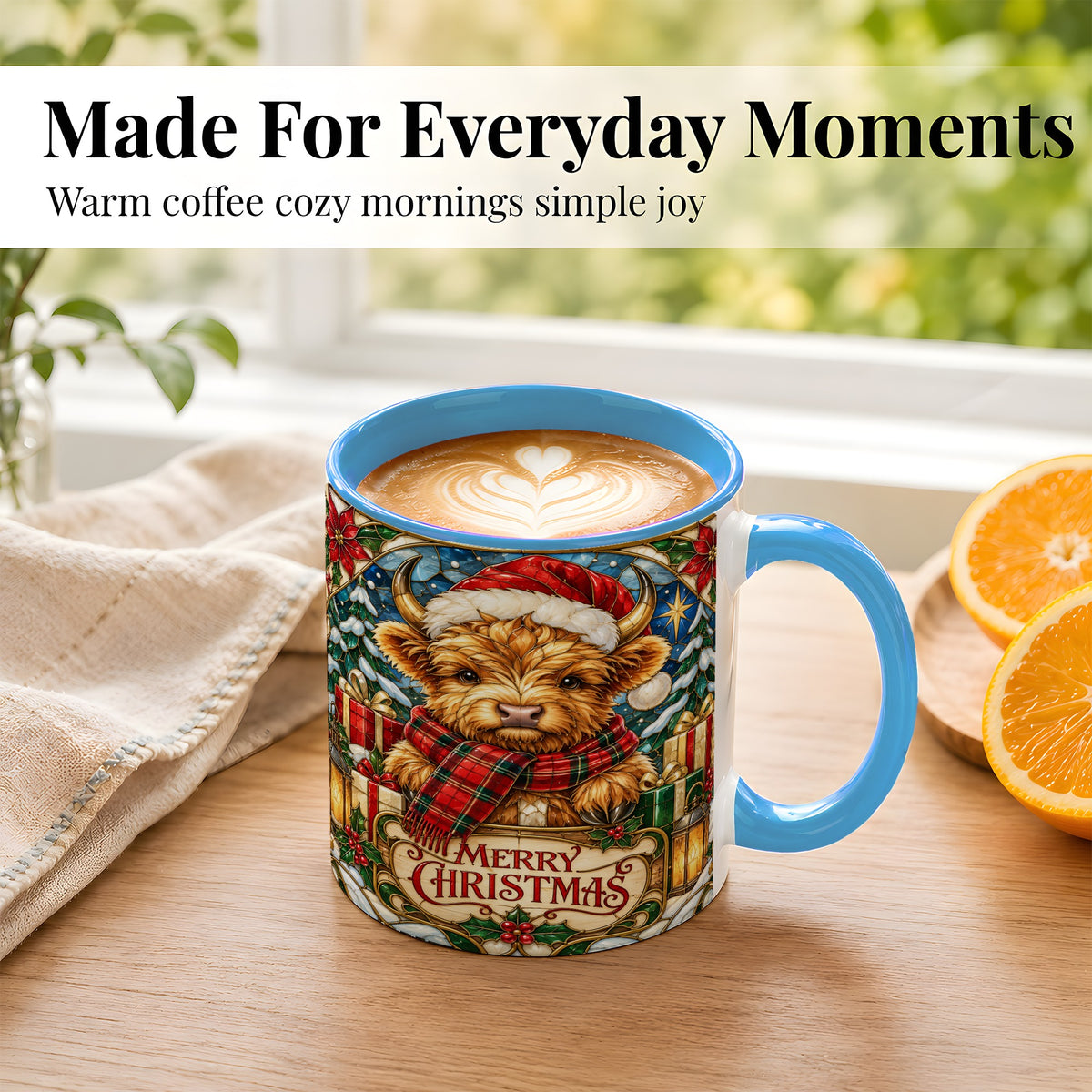 #pl[11oz|Blue] Merry Christmas Highland Cow Coffee Mug, Holiday Cow Mug, Ceramic Cup