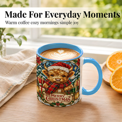 #pl[11oz|Blue] Merry Christmas Highland Cow Coffee Mug, Holiday Cow Mug, Ceramic Cup