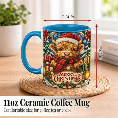 #pl[11oz|Blue] Merry Christmas Highland Cow Coffee Mug, Holiday Cow Mug, Ceramic Cup