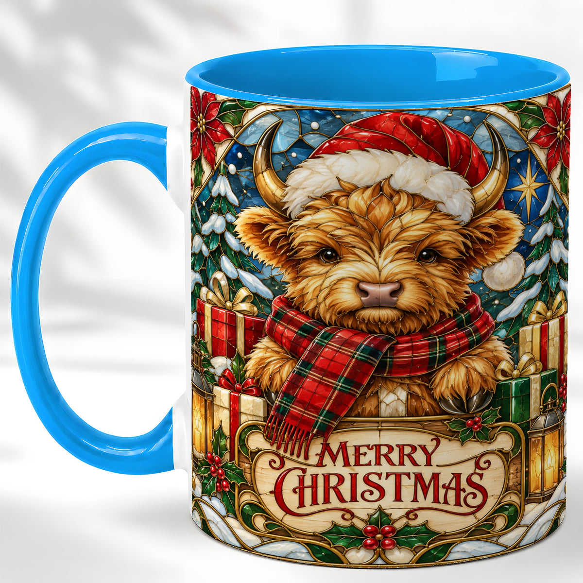 #pl[11oz|Blue] Merry Christmas Highland Cow Coffee Mug, Holiday Cow Mug, Ceramic Cup