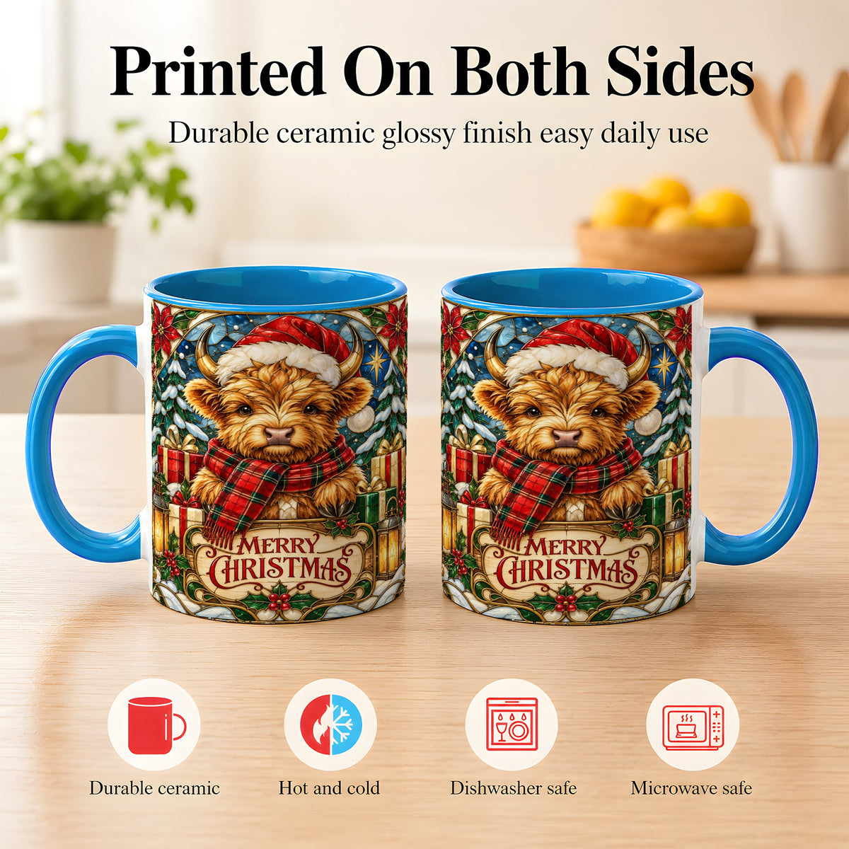 #pl[11oz|Blue] Merry Christmas Highland Cow Coffee Mug, Holiday Cow Mug, Ceramic Cup