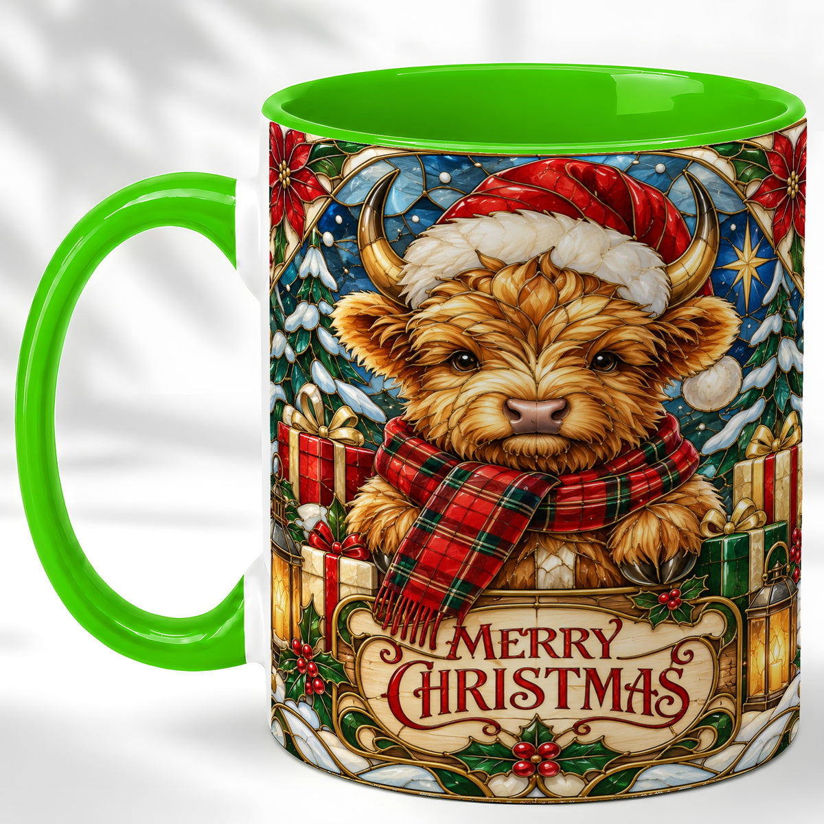 #pl[11oz|Green] Merry Christmas Highland Cow Coffee Mug, Holiday Cow Mug, Ceramic Cup