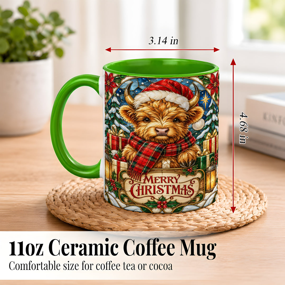 #pl[11oz|Green] Merry Christmas Highland Cow Coffee Mug, Holiday Cow Mug, Ceramic Cup