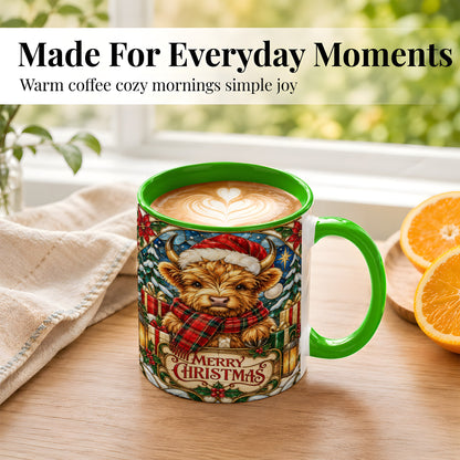 #pl[11oz|Green] Merry Christmas Highland Cow Coffee Mug, Holiday Cow Mug, Ceramic Cup
