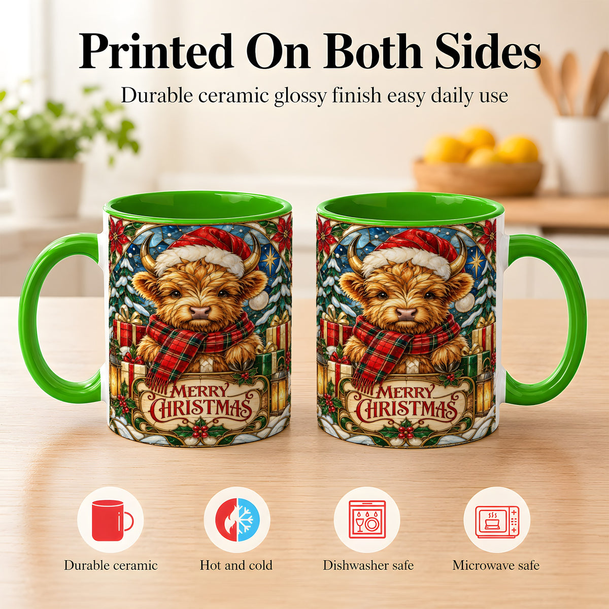 #pl[11oz|Green] Merry Christmas Highland Cow Coffee Mug, Holiday Cow Mug, Ceramic Cup