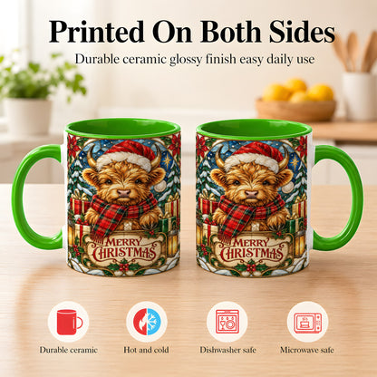 #pl[11oz|Green] Merry Christmas Highland Cow Coffee Mug, Holiday Cow Mug, Ceramic Cup