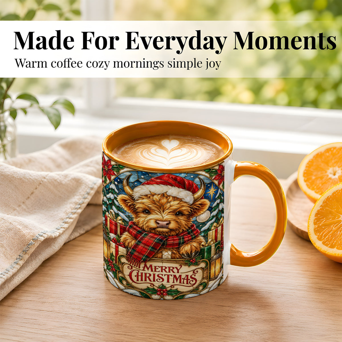 #pl[11oz|Orange] Merry Christmas Highland Cow Coffee Mug, Holiday Cow Mug, Ceramic Cup